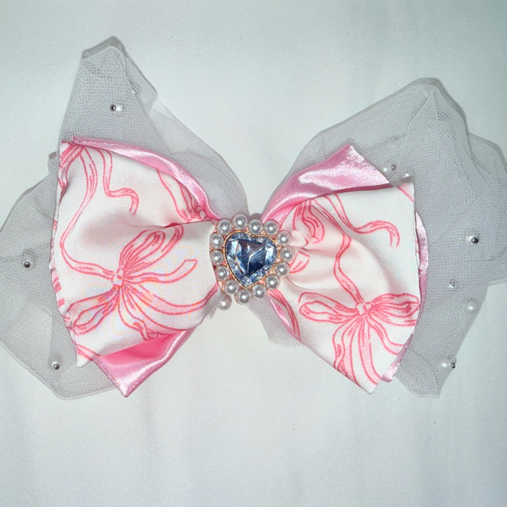 Handmade Pink Floral Bow Hair Clip with Pearl & Gem Accent